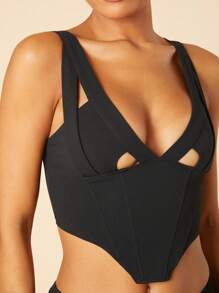 SHEIN Unity 外出聚会镂空深 V 紧身胸衣上衣 - 黑色 - 查看 2