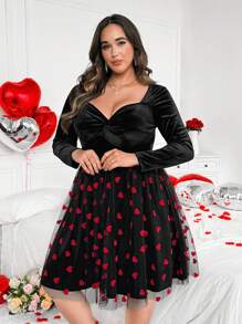 Flirla Vestido de Navidad y San Valentín talla grande para mujer, con cuello en V, de terciopelo rojo, con parches y acentos de malla metálica plateada sexy