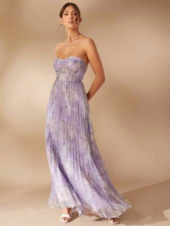 L'Amorae 冬季女装，女士浪漫优雅薰衣草花卉印花褶皱下摆露肩紧身长裙，优雅，优雅女装。适合约会之夜、音乐会、表演、婚礼、正式礼服