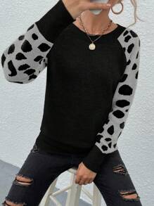 SHEIN LUNE Women's Leopard Print Round Neck Raglan Sleeve Pullover Sweater, Autumn/Winter Knit Pullover Fall Sweater - Multicolor - View 1