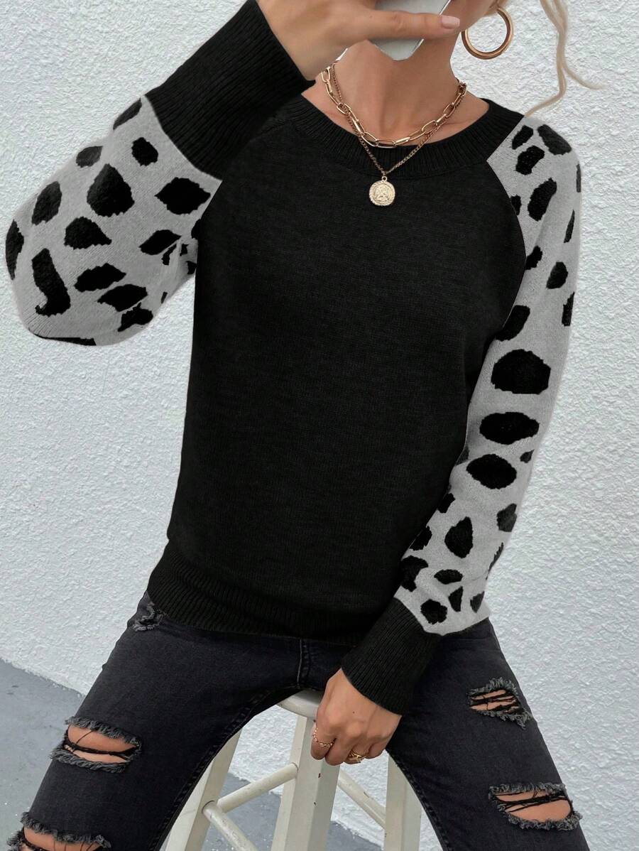 SHEIN LUNE Áo len chui đầu cổ tròn tay raglan họa tiết da báo cho nữ, Áo len chui đầu dệt kim thời trang thu/đông - Nhiều màu - Xem 1