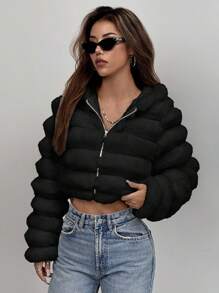 SHEIN EZwear Áo khoác lông ngắn có mũ trùm đầu dài tay màu trơn dành cho nữ mùa đông - màu đen - Xem 3