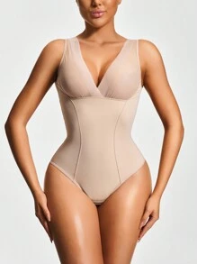 SHAPORA 1 件女士纯色无袖简约修身休闲连体衣塑身衣 - 杏色 - 查看 1