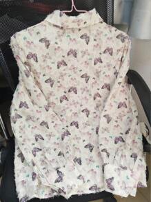 Calvaya 1pc Women Plus Size Loose Cutout Colorful Butterfly Casual Long Sleeve Shirt