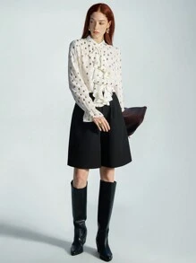 SHEIN Privé Elegant White Polka Dot Chiffon Blouse,Office Ruffled Collar Foil Print Sheer Top,High-End Fashion Autumn Cloth For Women,Spring Valentine's Day - White - View 3