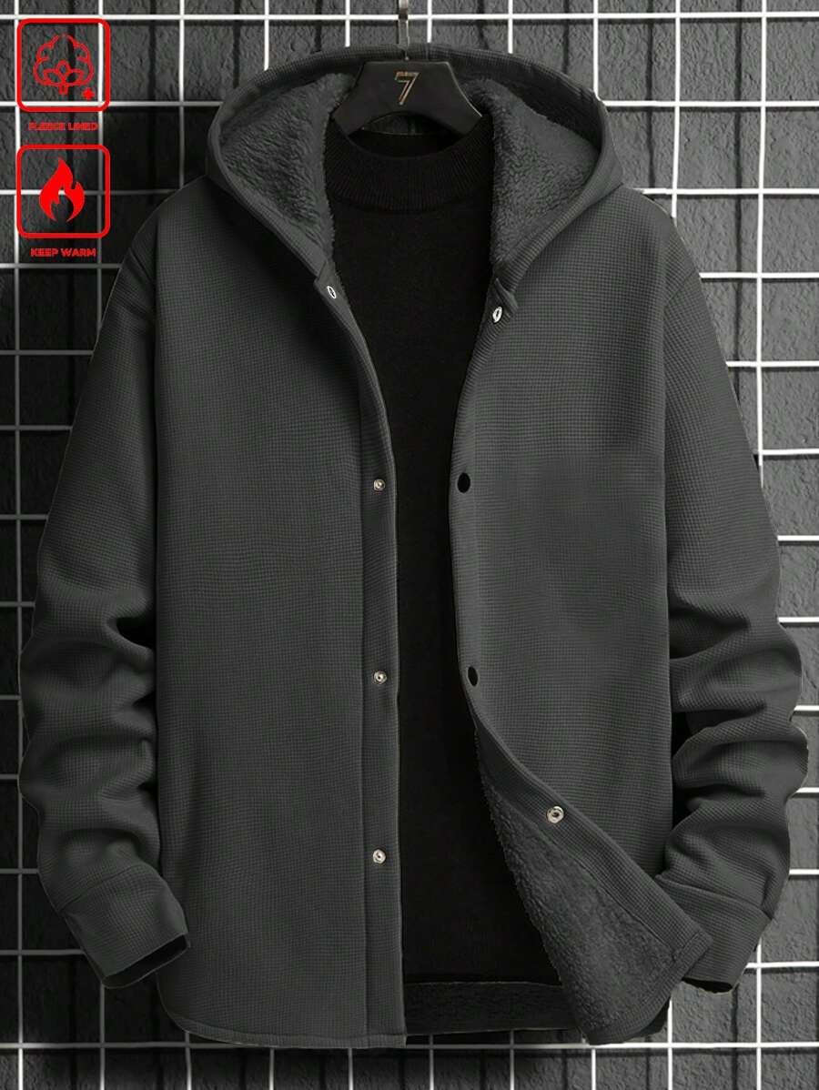 Manfinity Homme Plus Size Men's Solid Color Front Button Long Sleeve Simple Casual Hooded Jacket, Work Hooded Fashion Dark Grey Jacket, For Friends, Husband, Boyfriend Gifts