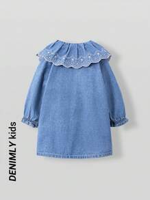 Baby Girl Openwork Embroidered Collared Denim Dress, Medium Blue Wash - Medium Wash - View 2
