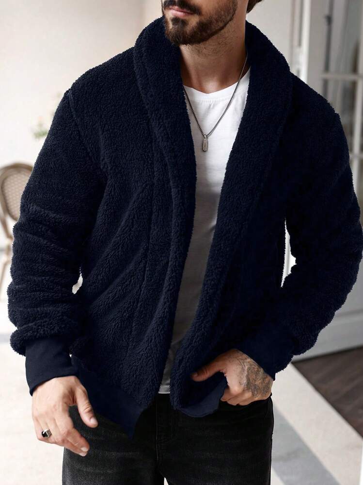 Manfinity CasualCool جاكيت قصيرة كاجوال للرجال طويلة الأكمام، قطعة واحدة صوف أمامية مفتوحة بألوان سادة، لفصل الشتاء، جاكيت رجالي فلانيل، جاكيت رجالي شتوية
