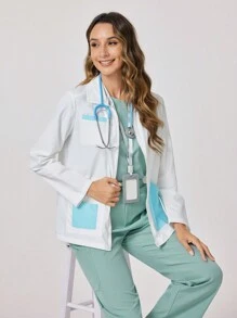 TaskEZ Front Button Long Sleeve Pocket Scrub Uniform Jacket, Solid Color Patchwork - Apricot - View 6