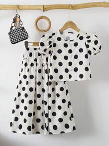 2pcs/Set Young Girl Cute Polka Dot Round Neck Short Sleeve Shirt And Wide Leg Pants Set, Suitable For Spring/Summer - Black and White - View 2