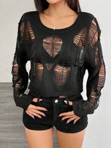 Chiquease Spring/Summer Hollow-Out Pullover Top, Sheer See-Through Cropped Cover Up - Black - View 4