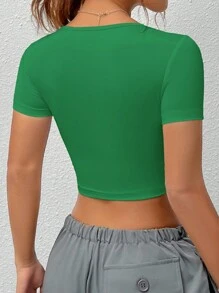 SHEIN EZwear Seamless Green Round Neck Short Sleeve T-Shirt And Shorts Set, Slim Fit - Green - View 2