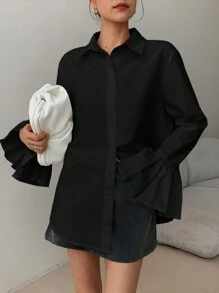 EastFlair Korean Fashion Elegant White Ruffled Sleeve Women Blouse - Black - View 4