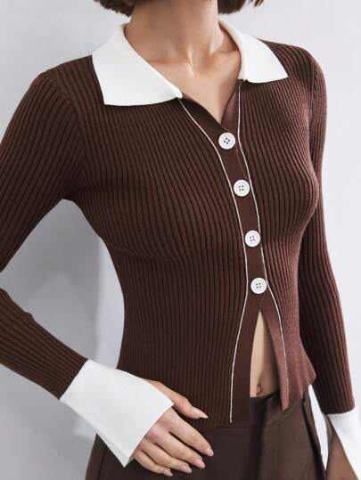 BizChic 咖啡色撞色针织开衫，优雅的办公室/通勤女装，新年优雅，约会之夜，春夏