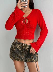 Flirla Women Solid Color Front Tie Hollow Long Sleeve Cropped Sweater, Autumn/Winter