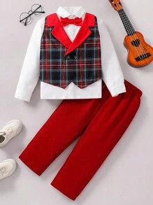2pcs Young Boy Gentleman Elegant Urban Fashion Red Bow Tie, Plaid Vest 2 In 1 Design, White Collar Long Sleeve Shirt And Red Pants Gentleman Suit, Suitable For Wedding, Party, Travel, Casual Gathering, Autumn/Winter
