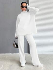 EURMUSE 2pcs Women's Sweater Set, Solid Color Top And Long Pants - White - View 3