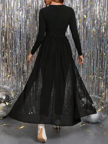 SHEIN Clasi Combinaison fluide à manches longues en mousseline de soie noire, décolleté en V, élégante pour femmes. Décoration métallique, convient pour les rassemblements, les sorties et les déplacements - Noir - Voir 2