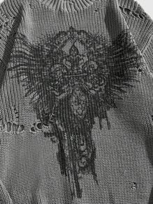 ROMWE MEN Goth 男士末日破旧印花套头针织毛衣，适合秋冬穿着 - 灰色 - 查看 4