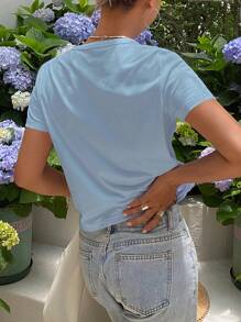 Livesso 纯色修身圆领短袖女式 T 恤夏季