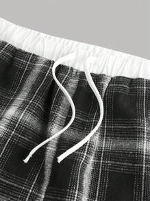 SHEIN 青少年女孩黑白格子拼接腰部抽绳阔腿裤，直腿及地长裤 - 黑與白 - 查看 3