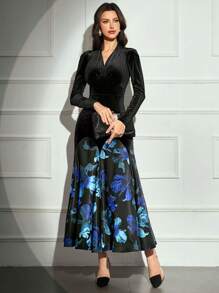 Modelyn 女式纯色拼色长袖修身连衣裙长款晚礼服 - 藍色 - 查看 4