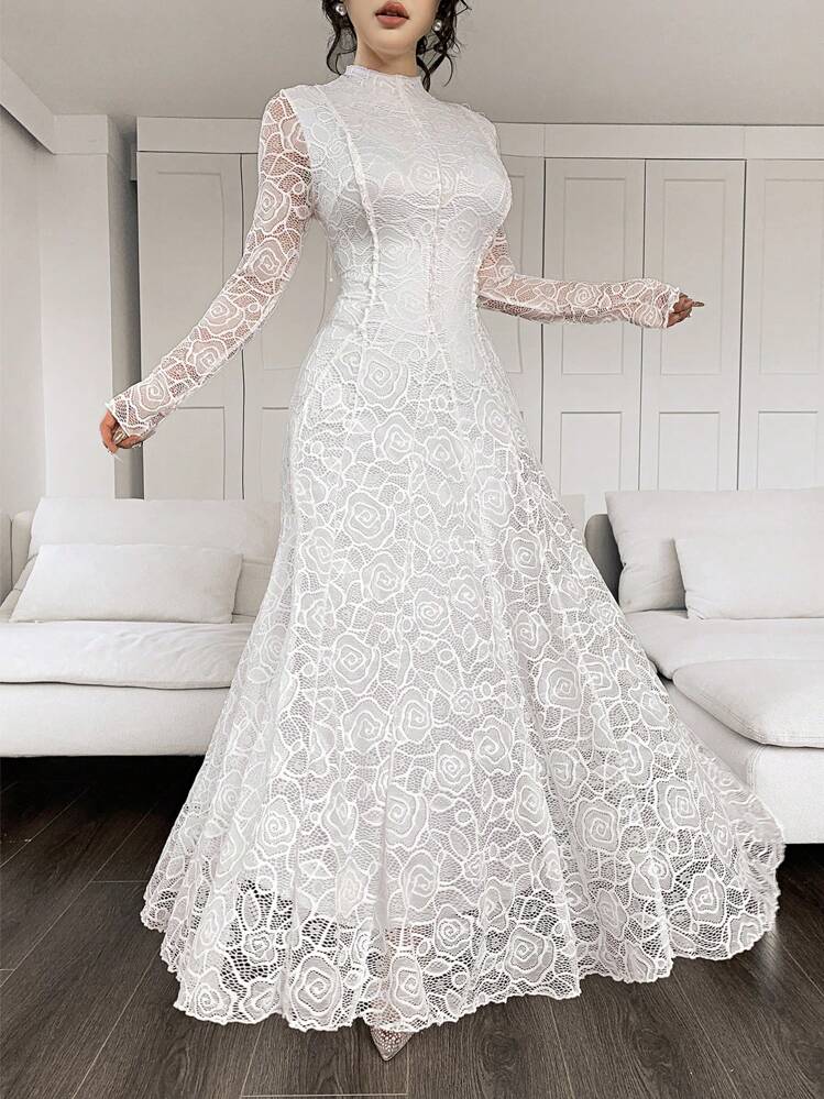 Feyla Vestido largo de encaje blanco elegante para mujer - Blanco - Añade 2