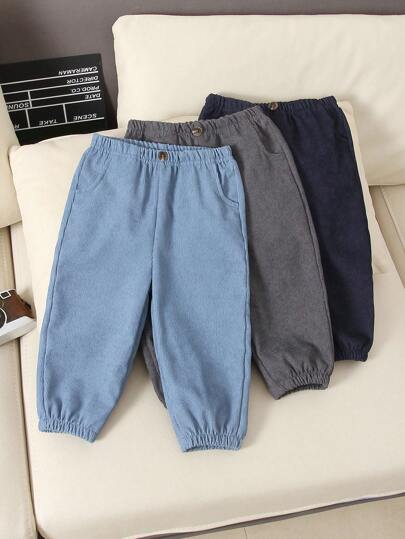 3pcs Baby Boy Corduroy Button Decor Casual Pocket Pants