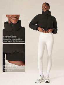 GLOWMODE Windproof Lightweight Warm Cropped Ribbed Cuffs Bomber Puffer Jacket Daily Casual Winter - Black - View 5