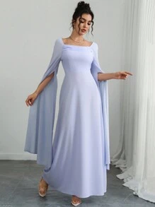 Chiquease 女士优雅方领荷叶边腰 A 字长袖连衣裙，通勤风格，春/秋/冬 - 淺藍色 - 查看 1