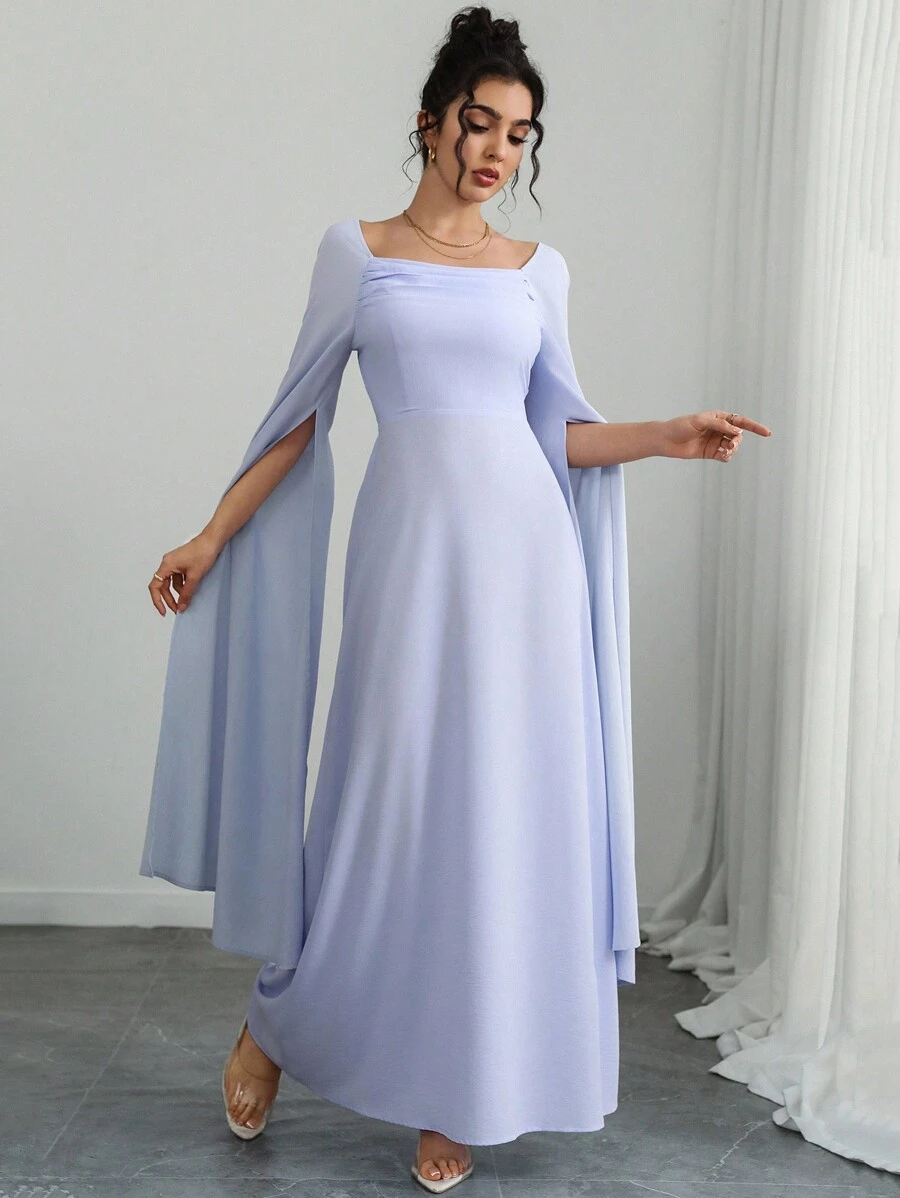 Chiquease 女士优雅方领荷叶边腰 A 字长袖连衣裙，通勤风格，春/秋/冬 - 淺藍色 - 查看 1