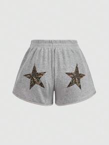 Jouncy Quần short lưng thun in họa tiết ngôi sao năm cánh cho nữ - Xám - Xem 10