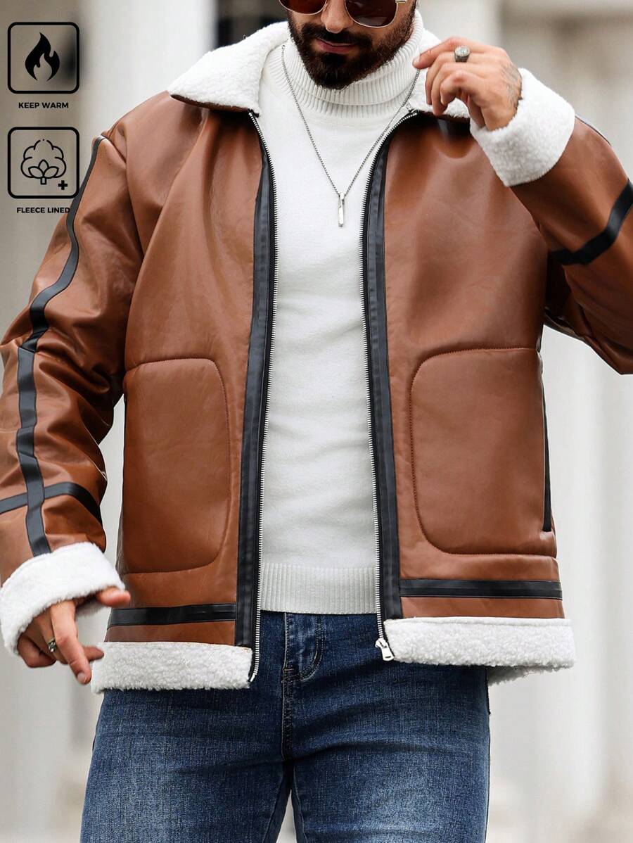 Manfinity Homme Plus Size Men's Casual Contrast Trim Thermal Lined Jacket, Autumn/Winter