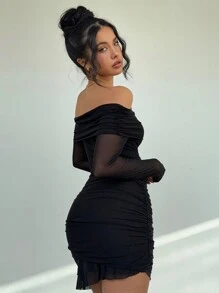 Aloruh 浪漫露肩长袖紧身迷你连衣裙，带网眼和褶饰，纯色 - 杏色 - 查看 2