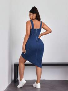 SHEIN EZwear 大码宽松背心式荷叶边牛仔迷你连衣裙，休闲简约 - 中等水洗藍 - 查看 2