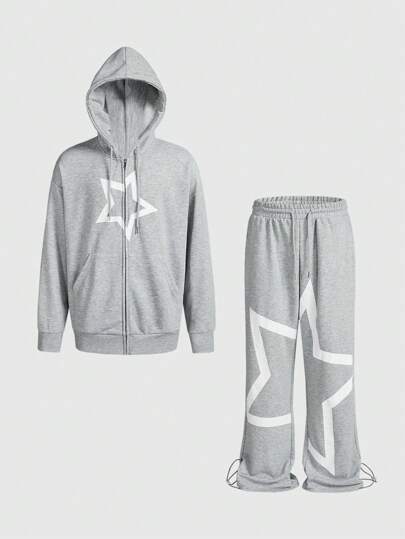 Prep Men's Star Print Zip Closure Hoodie And Sweatpants Casual Suit