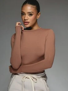 MISSGUIDED Long Sleeve Bodysuit Seamless Form Fitting Autumn Winter Base Layer Crew Neck Elegant Office Wear Basic Foundation Piece Daily Essential Layering Top - Coffee Brown - View 3