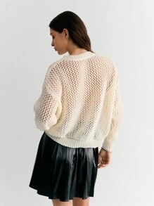 SHEIN Unity Hollow Out Women Leopard Print & Five Pointed Star Pattern Oversized Round Neck Drop Shoulder Long Sleeve Sweater Knit Pullover Fall Winter - Apricot - View 2