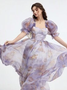 SHEIN MOD Fioletowa, kwiatowa, wielowarstwowa, długa sukienka z falbanką, sukienka imprezowa, sukienka na studniówkę, elegancka sukienka na święta, damska odzież rekreacyjna, damska sukienka urodzinowa, damski garnitur, damska odzież plażowa, strój na walentynki, stroje plażowe dla kobiet, karnawał, sukienka dla gościa weselnego, strój na koncert, Fairycore - Fioletowy - Zobacz 5