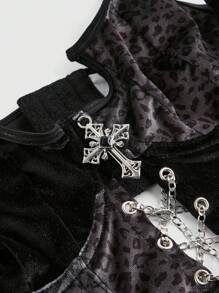 ROMWE Grunge Punk 哥特朋克拼布豹纹不对称蝙蝠十字吊坠肩带女士吊带背心 - 黑色 - 查看 3