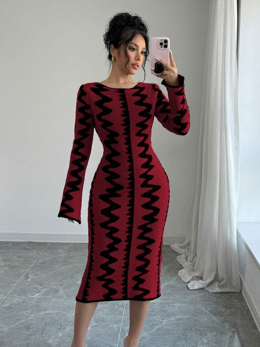 Elenzga Đầm ôm body dệt kim Jacquard đơn giản, cổ tròn, tay dài cho nữ - Màu Đỏ Sâu - Xem 1