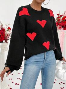 Chiquease Fashionable Heart Studded Pullover Long Sleeve Sweater Knit Pullover Fall Winter - Black - View 5