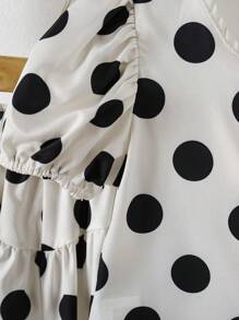 2pcs/Set Young Girl Cute Polka Dot Round Neck Short Sleeve Shirt And Wide Leg Pants Set, Suitable For Spring/Summer - Black and White - View 6