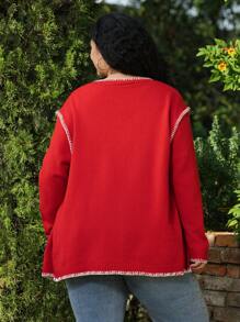 SHEIN EZwear 大码撞色边饰正面纽扣长袖休闲圣诞宽松开衫 - 紅色 - 查看 2