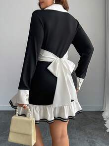 Calvaya Plus Size Women Pleated Bowknot Collared Dress, Minimalist Style For Commute - Black and White - View 3