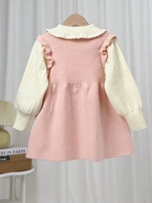 SHEIN Vestido de suéter de punto con cuello de volantes de lazo y contraste de color, informal y cómodo para niñas jóvenes