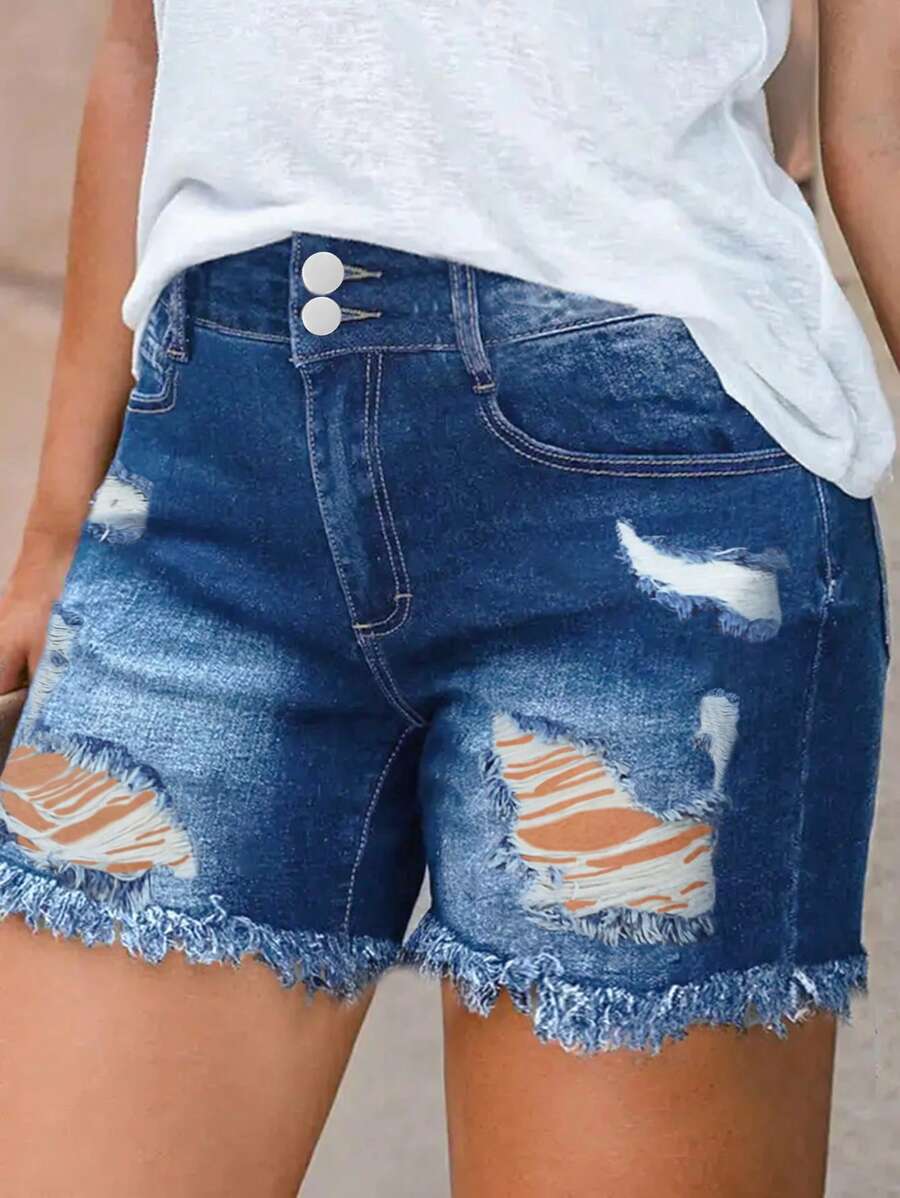 Casual Washed Distressed Frayed Hem Denim Shorts - Dark Wash - View 1