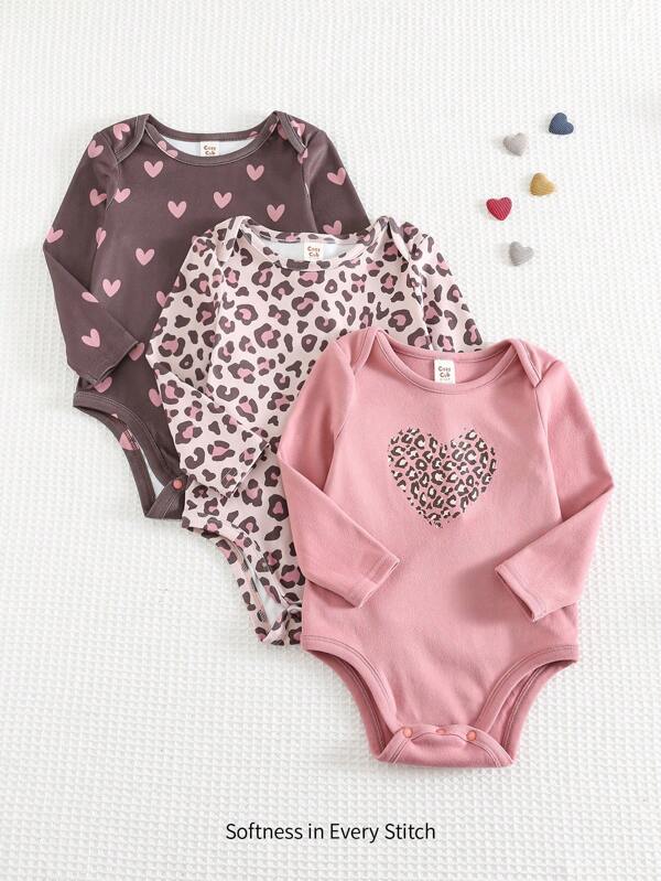 Cozy Pixies 3pcs/Set Baby Girls Valentine's Day Leopard Print Heart Pattern Knit Soft Crew Neck Long Sleeve Romper