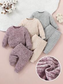 SHEIN Newborn Baby Girl Solid Color Knit Long Sleeve Top And Elastic Waist Pants Set, Autumn/Winter - Multicolor - View 1