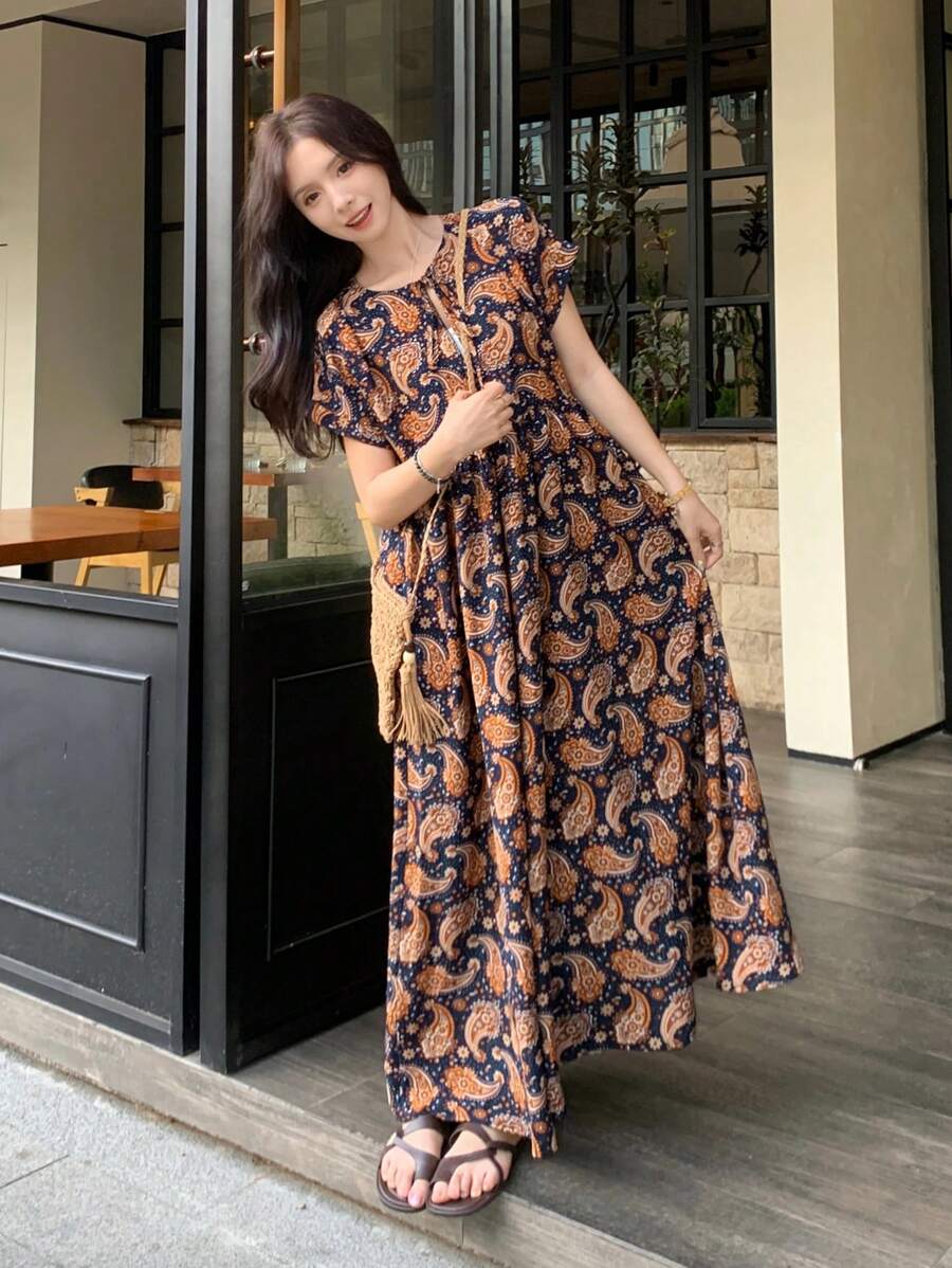 FRIFUL 女士波西米亚风印花长裙，夏季吊带裙，教师装，度假装，复活节女装 - 彩色 - 查看 1